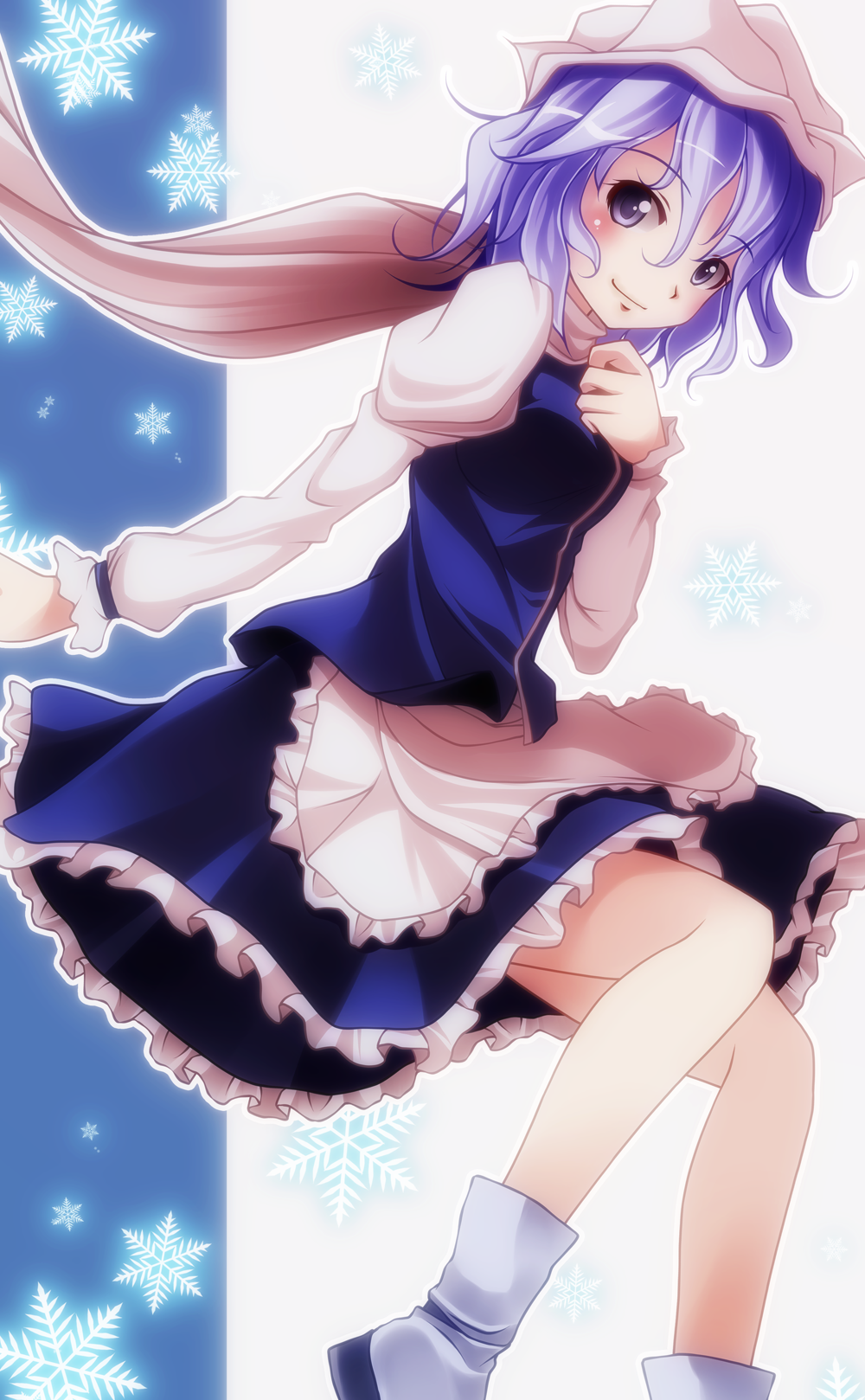 apron blue_eyes blue_hair hand_on_own_chest hat highres lace lavender_hair letty_whiterock looking_at_viewer purple_eyes s-syogo scarf shoes short_hair skirt skirt_set smile snow solo touhou waist_apron
