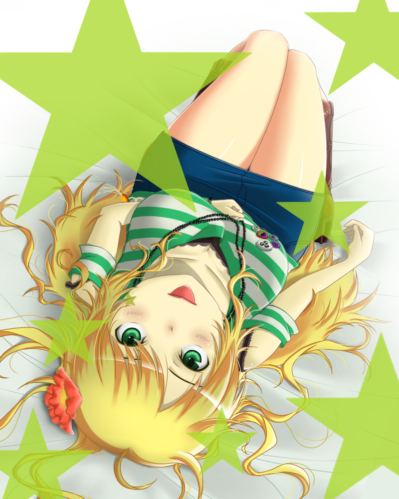 bare_shoulders blonde_hair boots breasts denim_skirt down_blouse flower green_eyes hair_flower hair_ornament hoshii_miki idolmaster jewelry long_hair lying necklace on_back on_bed open_mouth smile solo star yuu_(aoakaflag)