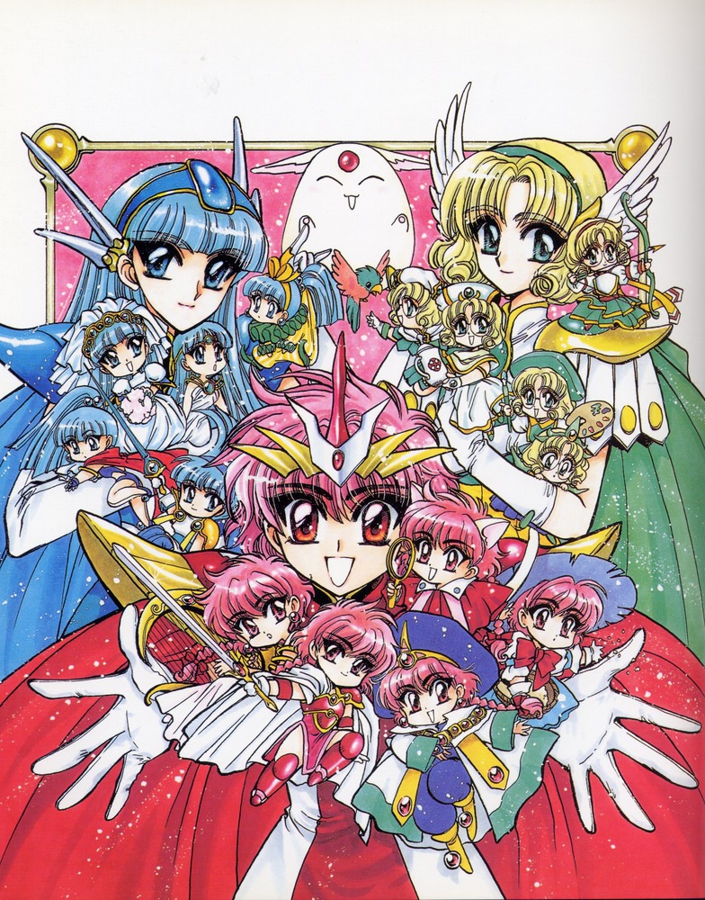 90s armor armored_dress bird blonde_hair blue_eyes blue_hair bow_(weapon) cape chibi clamp closed_mouth creature eyebrows_visible_through_hair glasses gloves green_eyes green_hairband hairband harp hat head_wings headgear headpiece hououji_fuu instrument long_hair magic_knight_rayearth mokona multiple_girls multiple_persona official_art parted_bangs pink_hair red_eyes ryuuzaki_umi scan shidou_hikaru short_hair smile sword veil weapon white_gloves winged_hairband