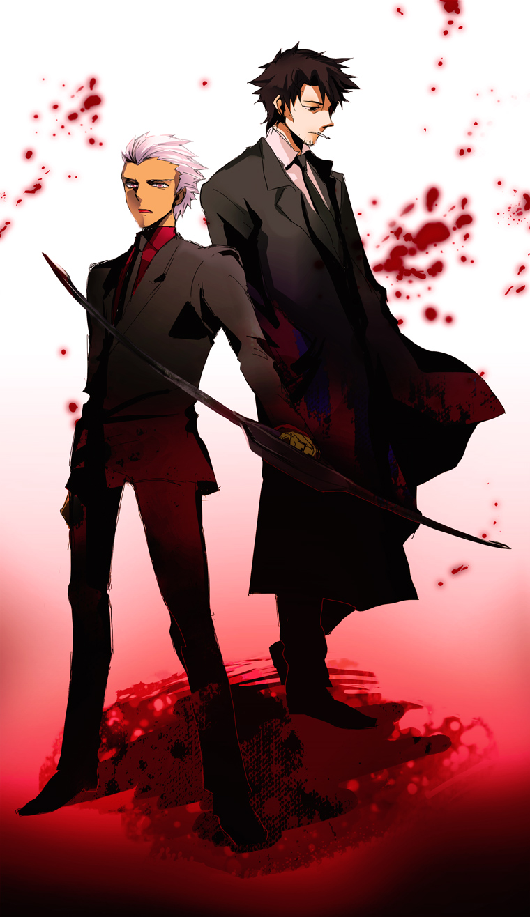 aonome archer black_hair bow_(weapon) cigarette dark_skin emiya_kiritsugu facial_hair fate/stay_night fate/zero fate_(series) father_and_son formal highres long_coat male multiple_boys necktie red_eyes stubble suit trench_coat weapon white_hair