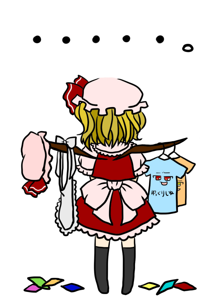 1girl apron black_legwear blonde_hair clothes_hanger clothes_writing clothing_writing flandre_scarlet from_behind hanger hat iusa415 ribbon short_hair side_ponytail simple_background skirt solo t-shirt the_embodiment_of_scarlet_devil thighhighs touhou waist_apron white_background wings yukkuri_shiteitte_ne