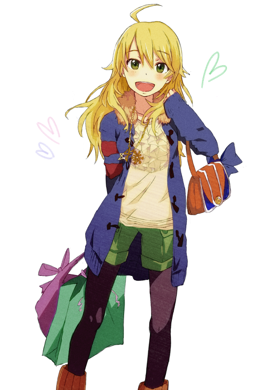 :d ahoge bag black_legwear blonde_hair collar fur_collar green_eyes hoshii_miki idolmaster jacket jewelry long_hair looking_at_viewer necklace open_mouth pantyhose shorts smile solo tanaka_(colorcorn)