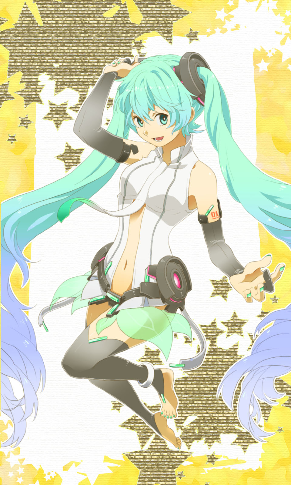 anklet aqua_hair barefoot breasts bridal_gauntlets center_opening feet gradient_hair green_eyes hatsune_miku hatsune_miku_(append) highres jewelry long_hair miku_append multicolored_hair navel necktie satoo_(blap) solo thigh-highs thighhighs toeless_socks twintails very_long_hair vocaloid vocaloid_append