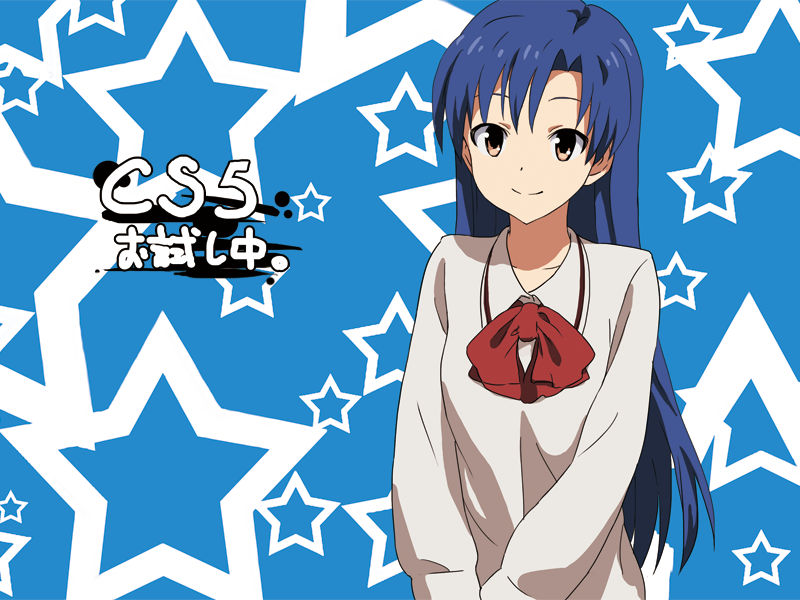 blue_hair bow brown_eyes collarbone idolmaster kisaragi_chihaya long_hair smile solo star tasiros