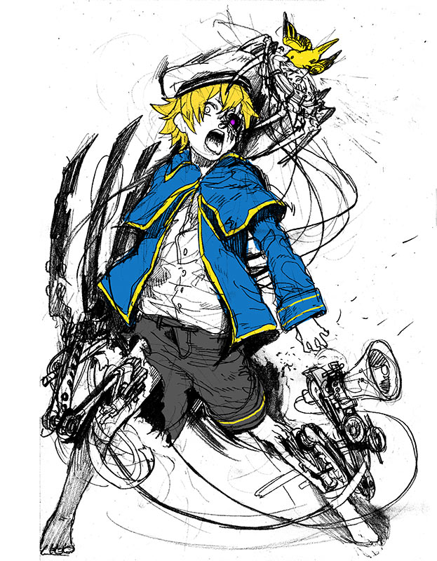 android bird blonde_hair hat male mechanical_parts oliver_(vocaloid) sailor_hat short_hair shorts sketch solo torn_clothes vocaloid