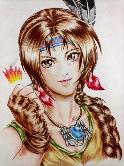 1girl braid brown_eyes brown_hair bust clenched_fist earrings eyelashes fingerless_gloves gloves head_feathers headband jewelry julia_chang lips long_hair necklace single_braid solo tank_top tekken