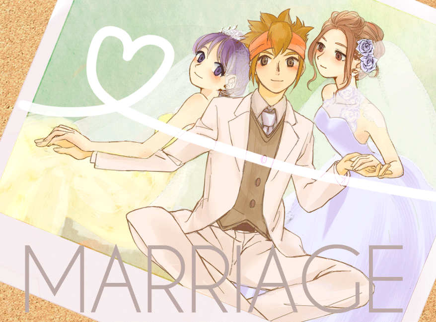 2girls adult bad_id bridal_veil brown_eyes brown_hair dress endou_fuyuka endou_mamoru english formal gloves hair_ornament hand_holding headband heart heart_of_string holding_hands husband_and_wife inazuma_eleven inazuma_eleven_(series) inazuma_eleven_go jewelry kudou_fuyuka long_hair multiple_girls poupoppo purple_eyes purple_hair raimon_natsumi smile tuxedo veil violet_eyes wedding_dress