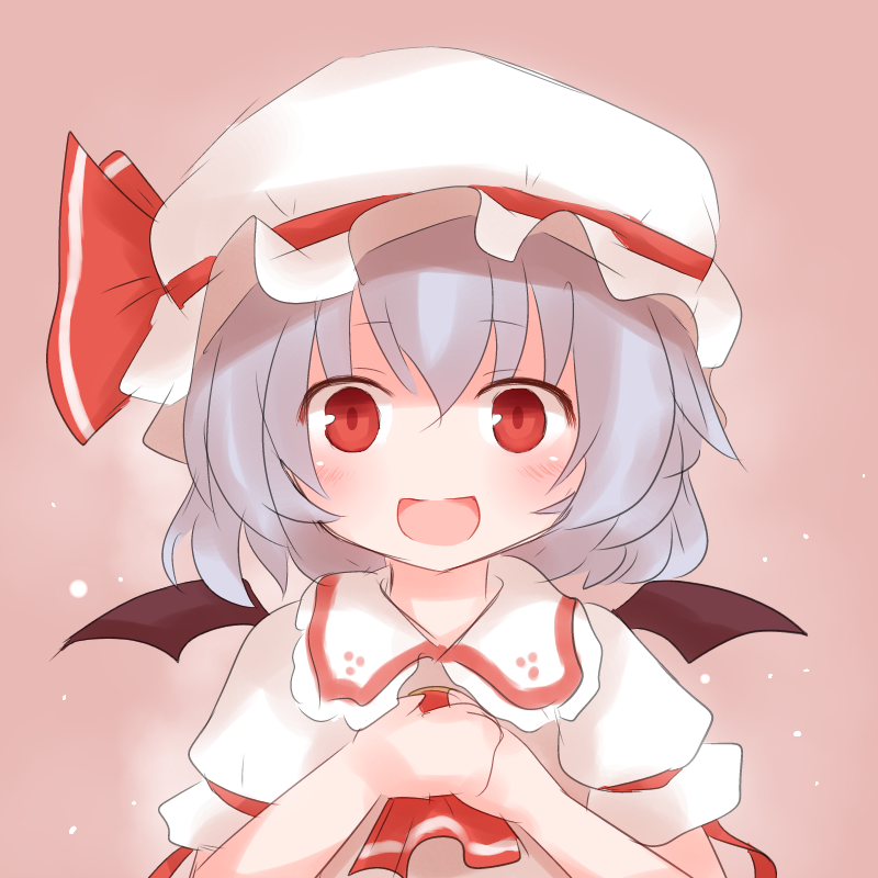 ascot bad_hands bat_wings blue_hair blush bust dress hands_on_own_chest hat hat_ribbon open_mouth pink_dress red_eyes remilia_scarlet ribbon shize_(coletti) short_hair smile solo touhou wings xyxy0707