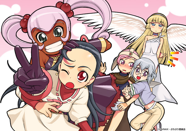 angel beth blonde_hair blue_hair blush cocoloo dark_skin demon elmina glenda grey_eyes grey_hair petite_princess_yucie pigtails pink_hair puchi_puri_yucie red_eyes tanned_skin victory violet_eyes wings yucie