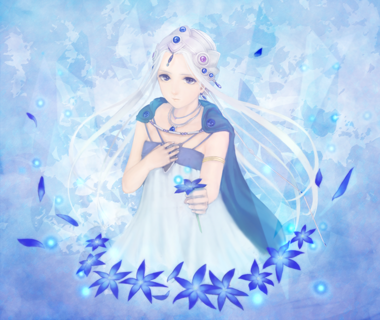 blue blue_eyes cape dress fantastic_children furuhashi jewelry leaf long_hair necklace solo tiara tina_(fantastic_children) white_hair