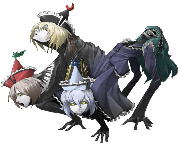 blue_hair brown_hair erebus frills green_hair instrument keyboard_(instrument) layla_prismriver lunasa_prismriver lyrica_prismriver mazeran merlin_prismriver monster open_mouth parody persona persona_3 simple_background skull touhou transparent_background trumpet violin yellow_eyes