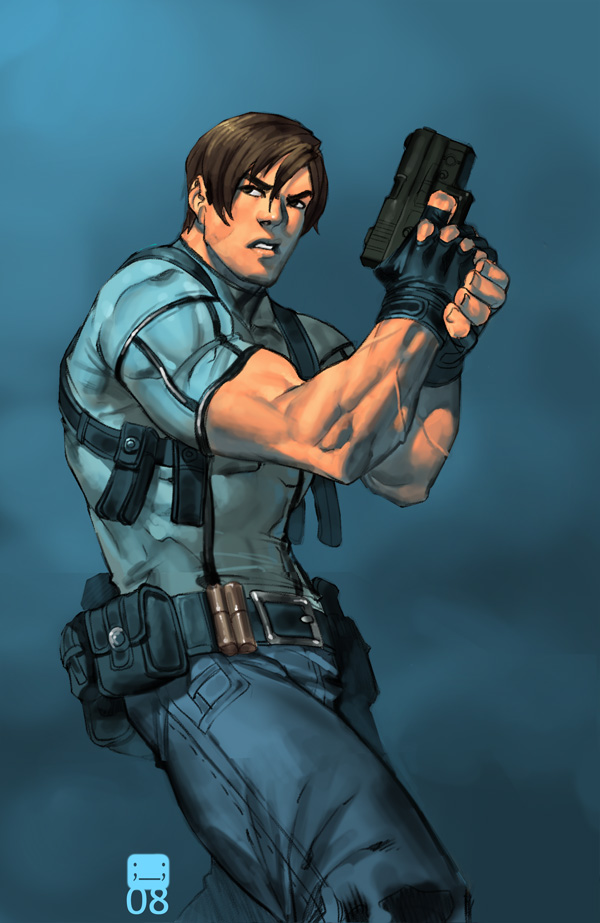 belt brown_hair capcom david_grier fingerless_gloves gloves gun handgun jeans leon_s_kennedy male muscle pouches realistic resident_evil resident_evil_4 short_hair solo t-shirt weapon