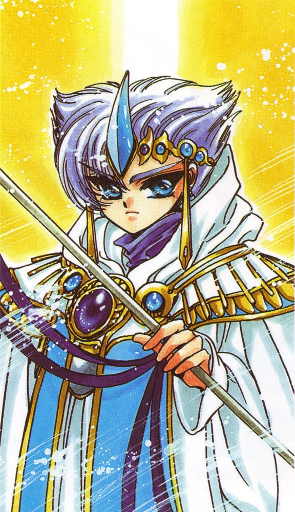 90s blue_eyes circlet clamp clef cloak gem magic_knight_rayearth male official_art rod scan silver_hair solo