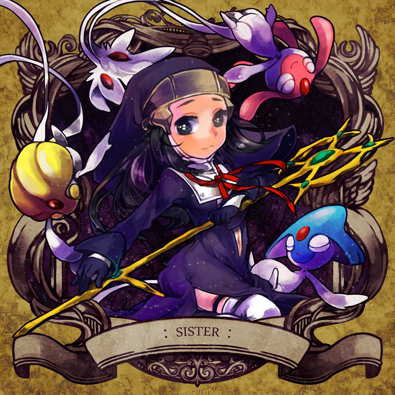 1girl alternate_costume arceus azelf black_eyes black_hair cambo_copoca closed_eyes creature english eyes_closed floating flying gloves hair_ribbon hat hikari_(pokemon) looking_at_viewer mesprit multiple_tails nun pokemon pokemon_(creature) pokemon_(game) pokemon_dppt pose priest ribbon robe rod solo tail thigh-highs thighhighs uxie