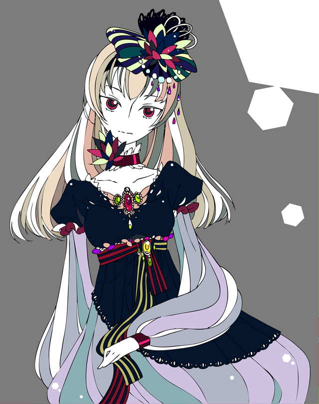 axis_powers_hetalia belarus_(hetalia) blonde_hair brooch choker collarbone dress hair_ornament hair_ribbon hairband jewelry long_hair looking_at_viewer moyashi_nabe multicolored_hair puffy_sleeves red_eyes ribbon simple_background solo stare striped white_skin