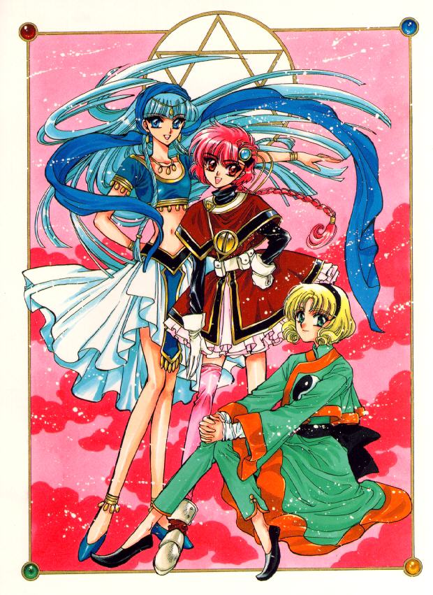 3girls 90s anklet bangs black_hairband blonde_hair blue_eyes blue_hair blunt_bangs circlet clamp dress earrings eyebrows_visible_through_hair female female_only frills full_body gloves green_eyes hairband hands_together head_scarf hexagram hououji_fuu jewelry long_hair long_sleeves magic_knight_rayearth midriff multiple_girls navel necklace official_art own_hands_together pink_hair pink_legwear red_eyes ryuuzaki_umi scan shidou_hikaru shoes single_thighhigh sitting smile thighhighs white_gloves yin_yang