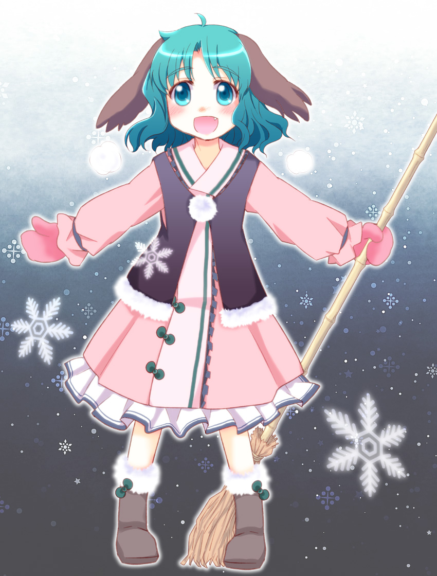ahoge animal_ears bamboo_broom boots broom dress fang green_eyes green_hair kairakuen_umenoka kasodani_kyouko mittens open_mouth pom_pom_(clothes) pom_pom_(clothing) short_hair snow snowflakes solo tougall touhou vest wild_and_horned_hermit winter_clothes