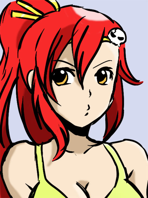 bangs bare_shoulders bikini_top breasts bust cleavage drawfag hair_ornament imageboard_colors long_hair ponytail red_hair redhead skull_hair_ornament solo tengen_toppa_gurren_lagann yellow_eyes yoko_littner