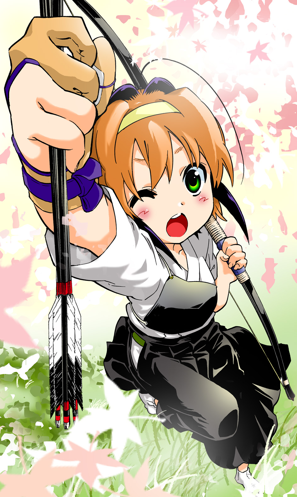 ;o akira_(umihan) archery arrow blush bow bow_(weapon) cheering dress female footwear foreshortening from_above grass green_eyes hairband hakama hands highres japanese_clothes kyuudou leaf muneate open_mouth orange_hair original outdoors short_hair single_glove socks solo standing standing_on_one_leg weapon wink yugake