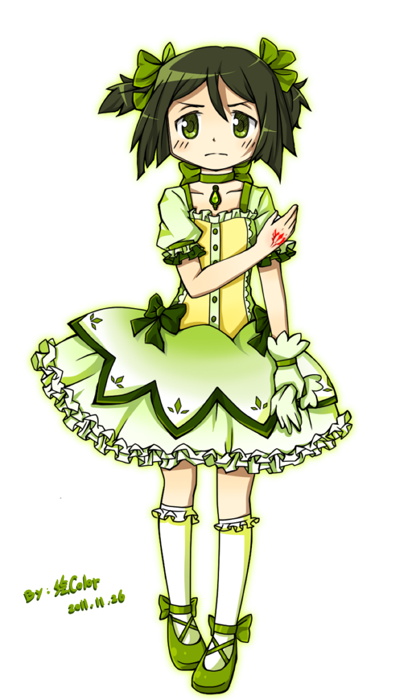 2011 bangs bow bubble_skirt choker command_spell cosplay creator_connection dated fate/stay_night fate/zero fate_(series) footwear frills gloves green green_eyes green_hair hair_bow kaname_madoka kaname_madoka_(cosplay) magical_girl mahou_shoujo_madoka_magica male nongqiling parody parted_bangs short_hair signature simple_background socks solo style_parody trap urobuchi_gen watermark waver_velvet white_background white_gloves
