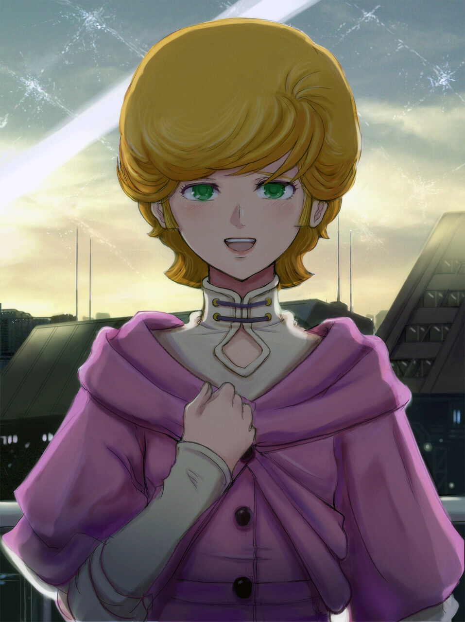 :d audrey_burne blonde_hair building bust capelet cloud gacha-m green_eyes gundam gundam_unicorn hand_on_own_chest highres long_sleeves looking_at_viewer open_mouth short_hair sky smile solo turtleneck
