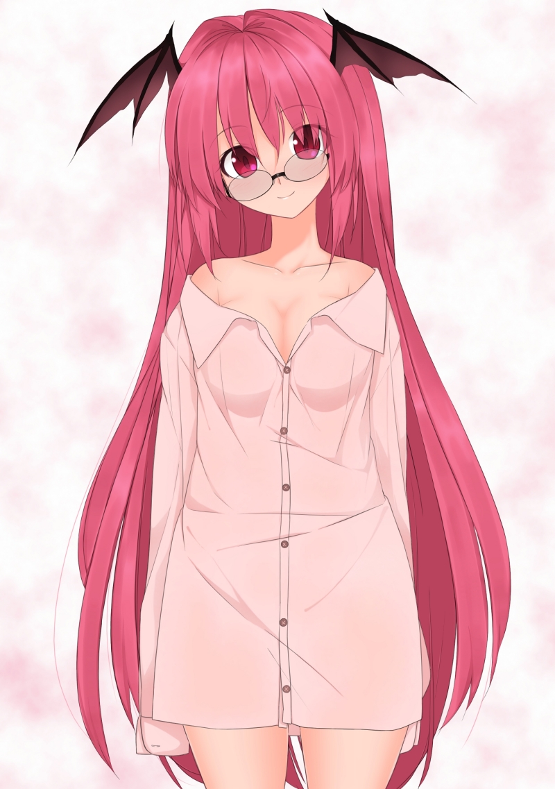 alternate_costume bare_shoulders bat_wings bespectacled bottomless breasts buttons cleavage collarbone dress_shirt glasses head_tilt head_wings koakuma long_hair long_neck long_sleeves looking_at_viewer naked_shirt no_pants off_shoulder pajamas pochi_(potihouse) red_eyes red_hair redhead shirt simple_background sleeves_past_wrists smile solo the_embodiment_of_scarlet_devil touhou very_long_hair wings