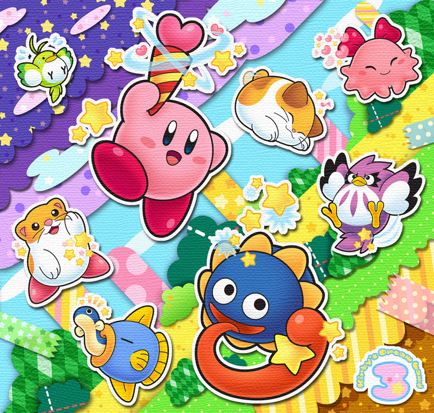 animal bird bow cat chuchu_(kirby) coo_(kirby) eel fish gooey gooey_(darkmatter) hair_bow hamster heart hoshi_no_kirby hoshi_no_kirby_3 kine_(kirby) kirby kirby's_dream_land_3 kirby_(series) nago_(kirby) no_humans octopus owl pink_puff_ball pitch_(kirby) rick_(kirby) star sweatdrop tagme tongue