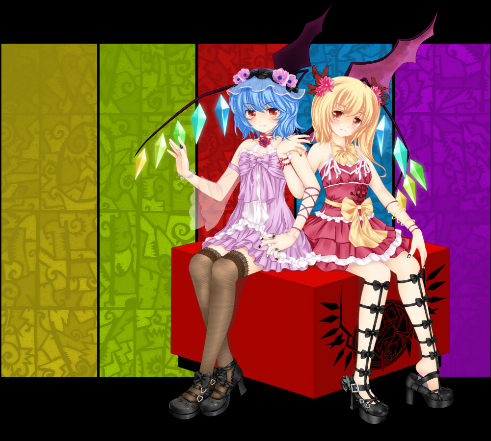 arm_ribbon bad_id bat_wings black_legwear blonde_hair blue_hair bow bracelet choker cube detached_sleeves dress flandre_scarlet flower hair_flower hair_ornament hat jewelry lace lace-trimmed_thighhighs leg_ribbon multiple_girls nail_polish nekokotei no_hat no_headwear pink_dress red_dress red_eyes remilia_scarlet ribbon_choker sash short_hair siblings side_ponytail single_sleeve sisters sitting_on_object smile thigh-highs thighhighs touhou wings wristband