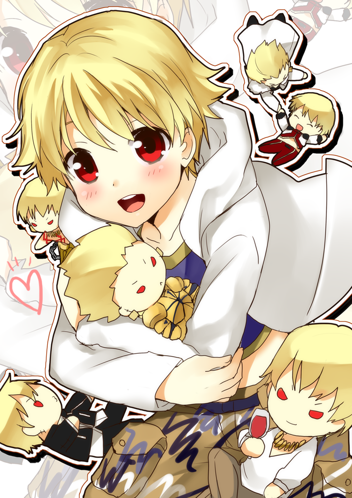 armor blonde_hair bracelet character_doll chibi child_gilgamesh earrings fate/hollow_ataraxia fate/stay_night fate/zero fate_(series) gilgamesh jewelry kurot male multiple_persona necklace red_eyes short_hair wine young