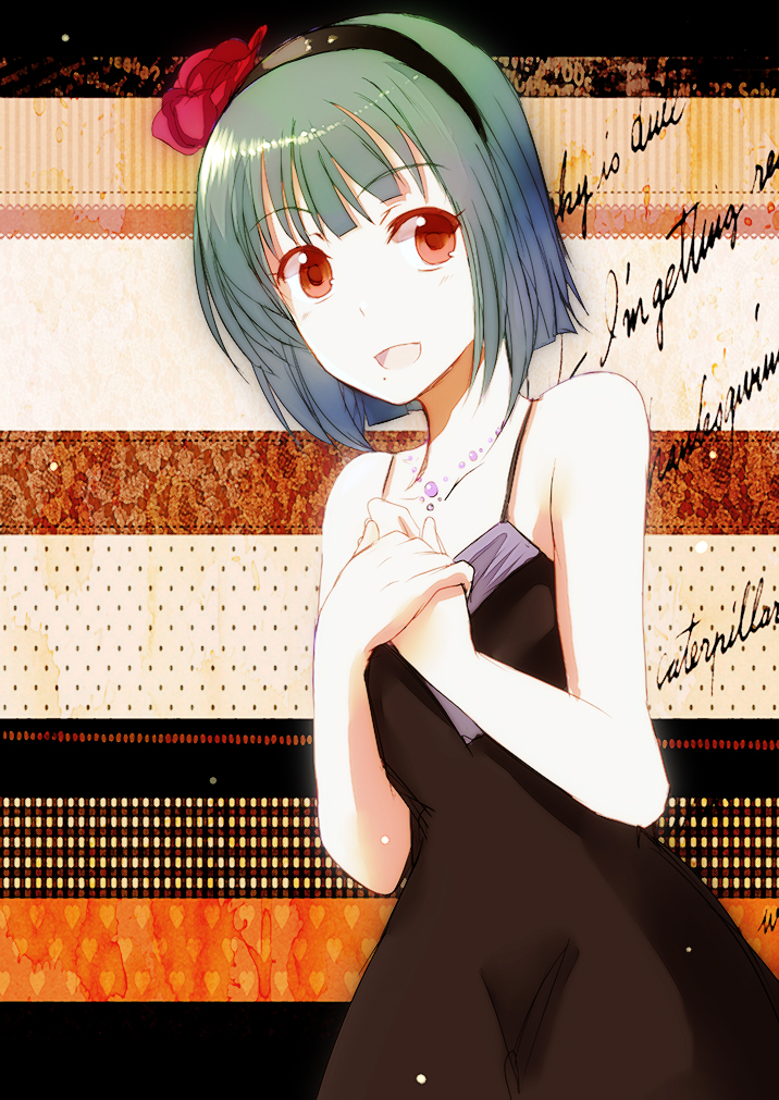 bare_shoulders dress flower green_hair hair_flower hair_ornament hairband hands_on_own_chest idolmaster jewelry necklace o_kawa otonashi_kotori red_eyes short_hair solo