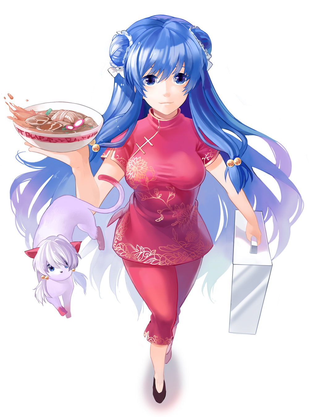 aile_(crossroads) blue_eyes blue_hair bowl breasts capri_pants cat china_dress chinese_clothes double_bun dual_persona food foreshortening highres kamaboko long_hair meat noodles purple_hair ramen ranma_1/2 shampoo_(ranma_1/2) short_twintails taut_shirt twintails walking