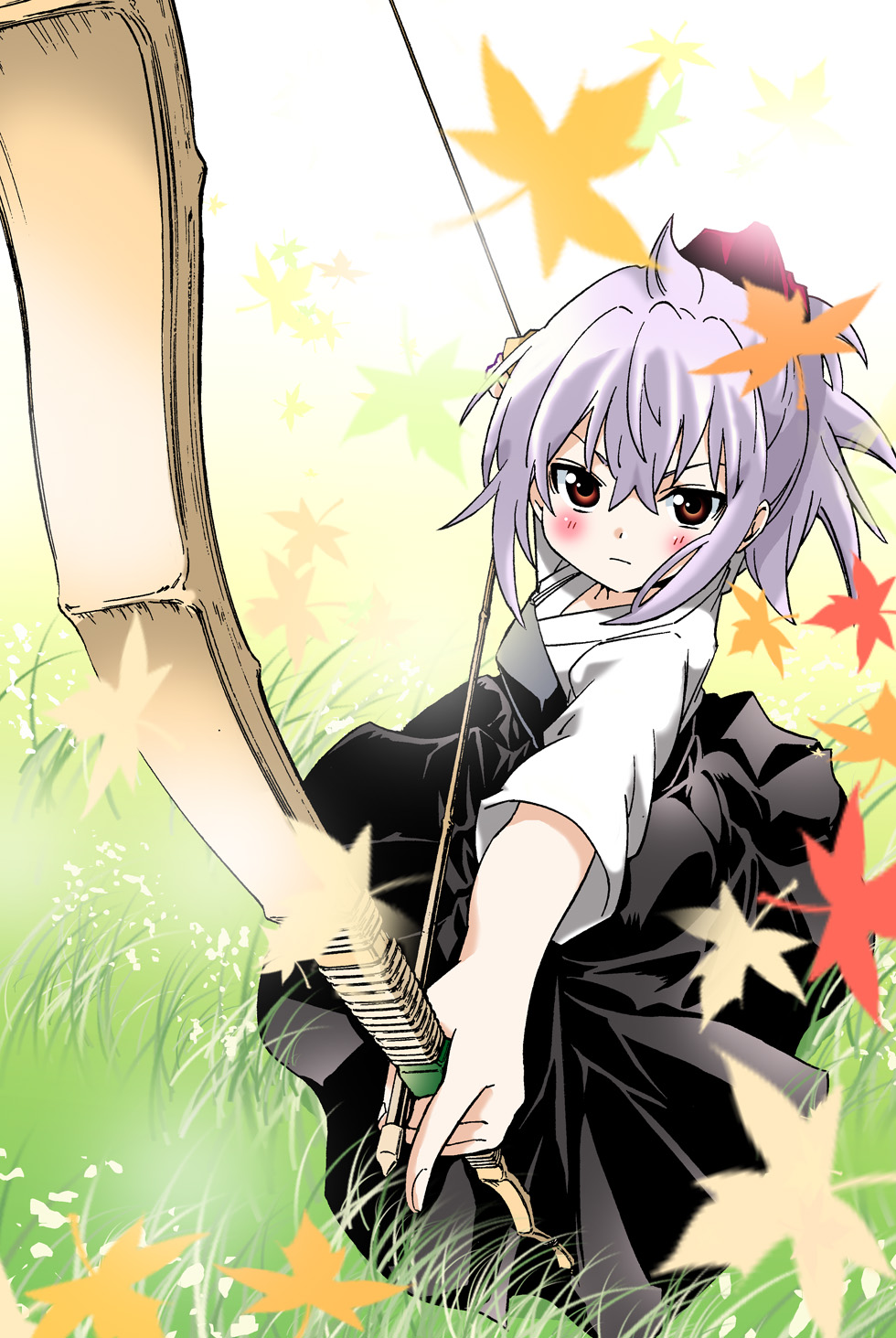 akira_(umihan) archery arrow bow bow_(weapon) brown_eyes dress female foreshortening from_above grass hakama highres japanese_clothes kyuudou leaf muneate original outdoors short_hair silver_hair solo standing weapon