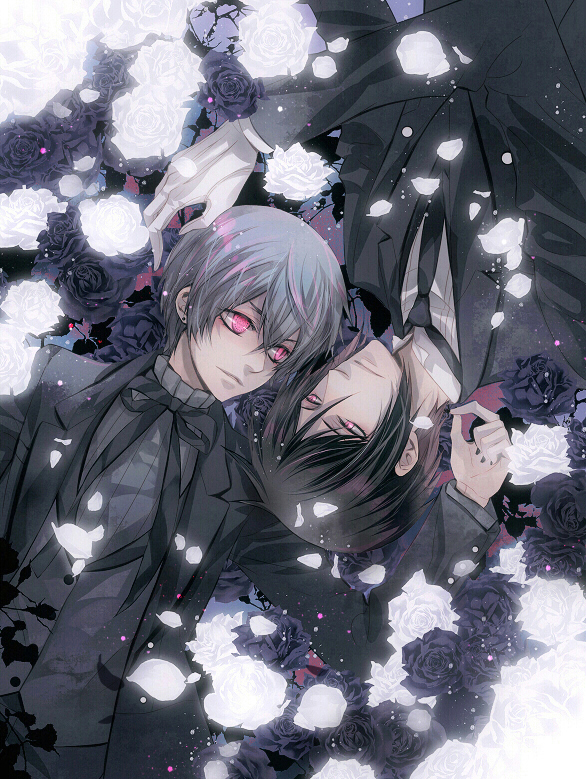 black_hair black_rose black_rose_(flower) ciel1533 ciel_phantomhive flower formal gloves grey_hair kuroshitsuji lying male multiple_boys petals pink_eyes rose sebastian_michaelis short_hair suit white_gloves white_rose