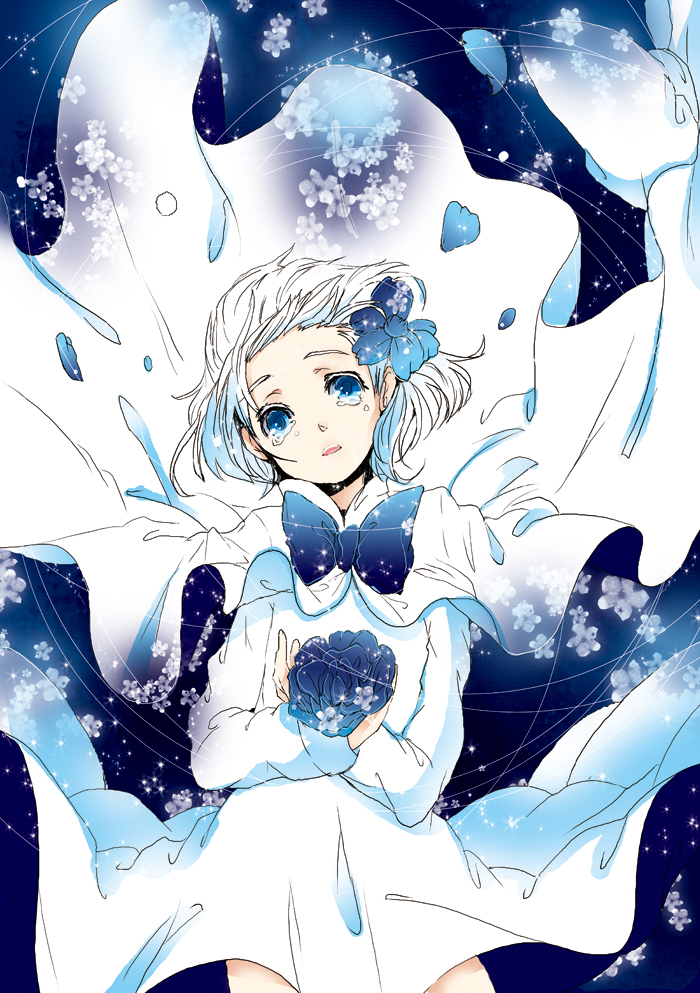 bad_id blue blue_eyes bob_cut cape dress flower hair_flower hair_ornament holding koto2 looking_at_viewer open_mouth original petals ribbon short_hair solo surprised tears white_dress white_hair wind