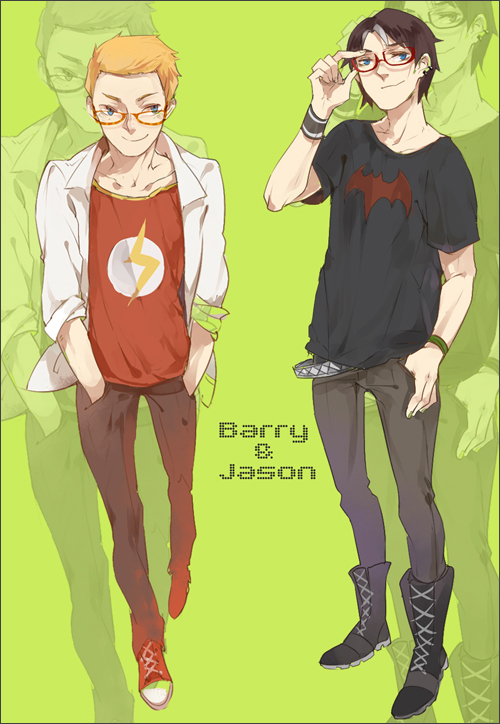 2boys barry_allen batman_(series) black_hair blue_eyes brown_hair dc_comics glasses jason_todd multiple_boys orange_hair skyness t-shirt the_flash