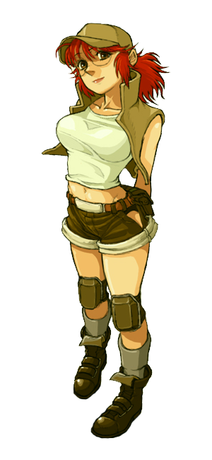 arms_behind_back artist_request baseball_cap boots breasts collarbone fio_germi full_body glasses hat knee_pads metal_slug midriff navel official_art ponytail red_hair redhead shorts simple_background snk socks solo tank_top vest