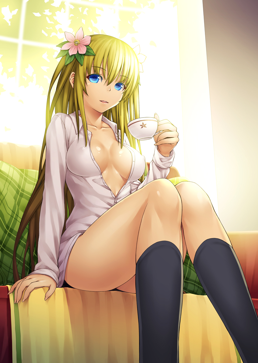 aka_(shoumae) black_legwear blonde_hair blue_eyes breasts cleavage collarbone couch cup dress_shirt erect_nipples flower hair_flower hair_ornament kneehighs knees_together_feet_apart knees_touching light_smile long_hair long_sleeves naked_shirt no_bra no_pants open_clothes open_shirt original parted_lips pillow shiny shiny_skin shirt sitting solo teacup thighs