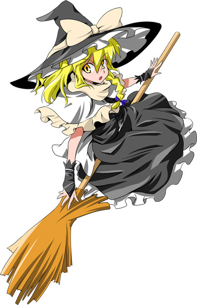 blonde_hair bow braid broom broom_riding capelet futoshi_(fishhouse) hair_bow hat kirisame_marisa sidesaddle simple_background solo touhou white_background witch witch_hat yellow_eyes