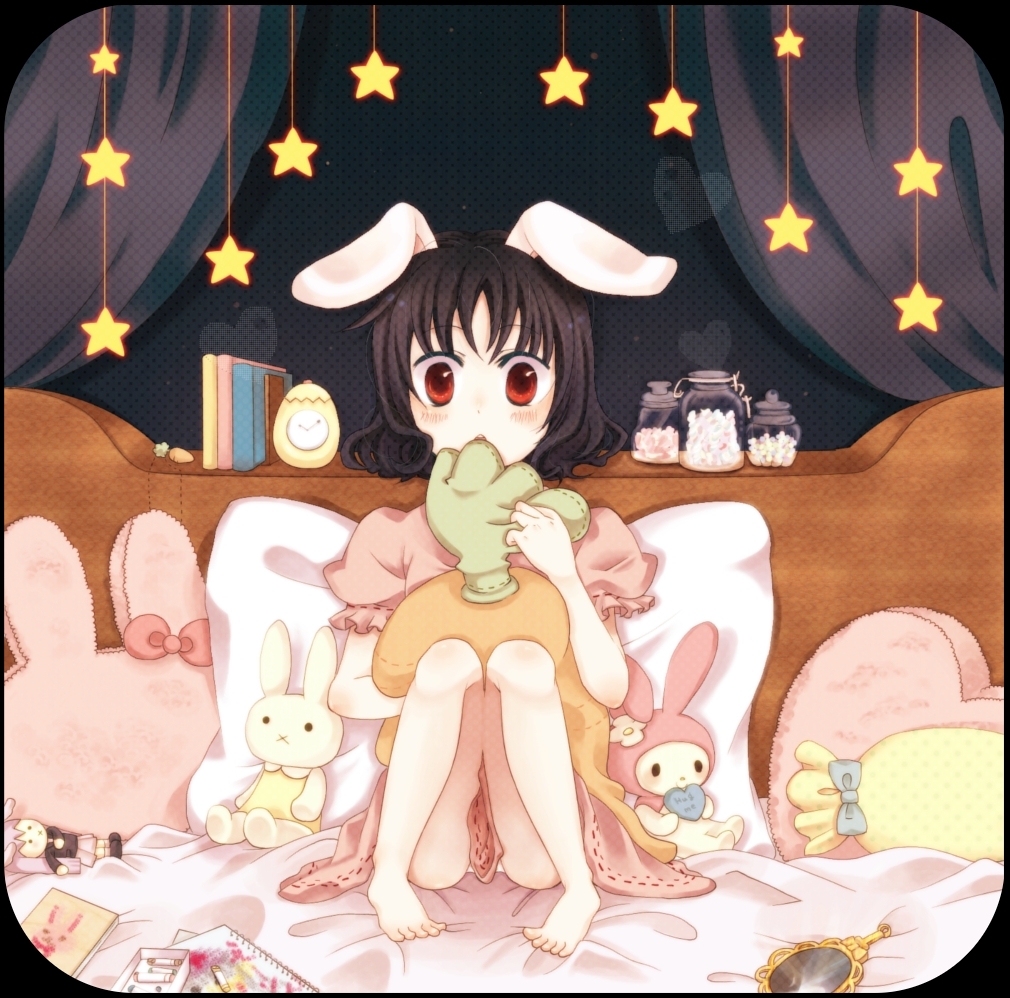 :&lt; :o :x animal_ears bare_legs barefoot bed black_hair blush bunny_ears carrot character_doll crayon feet hand_mirror inaba_tewi mirror open_mouth pillow red_eyes reisen_udongein_inaba shizuco_(pizicato) short_hair sitting solo star stuffed_animal stuffed_bunny stuffed_toy themed_object touhou wide-eyed wide_eyed