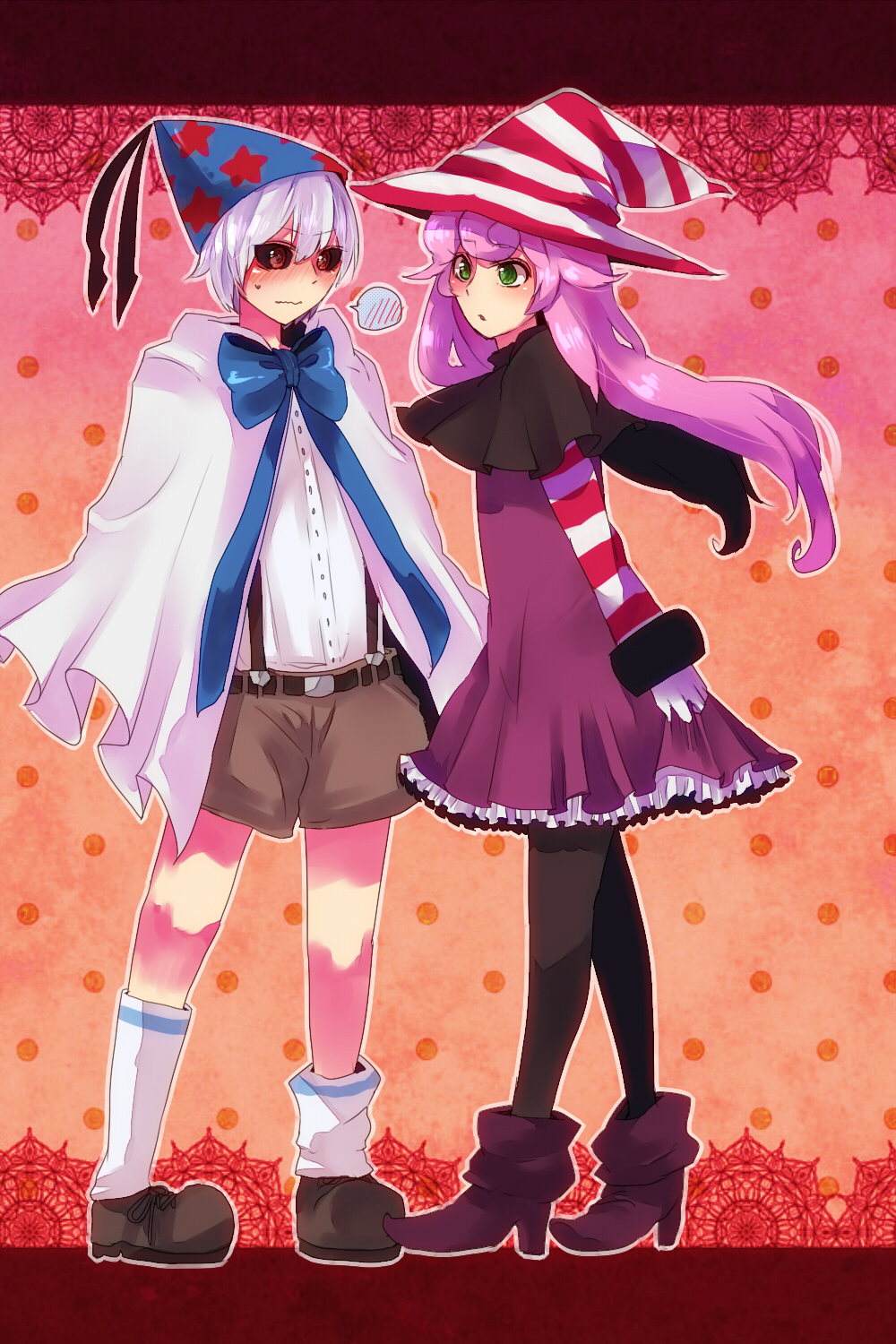 1boy 1girl doopliss dress frills gothic_lolita hat highres lgw7 lolita_fashion male multiple_boys nintendo pantyhose paper_mario paper_mario_rpg party_hat personification pink_hair vivian white_hair witch_hat