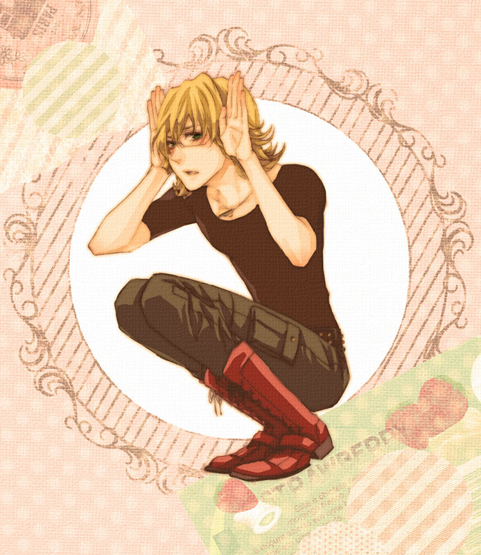 akixx animal_ears bad_id barnaby_brooks_jr blonde_hair boots bunny_ears glasses green_eyes hands jewelry male necklace solo squatting t-shirt tiger_&amp;_bunny