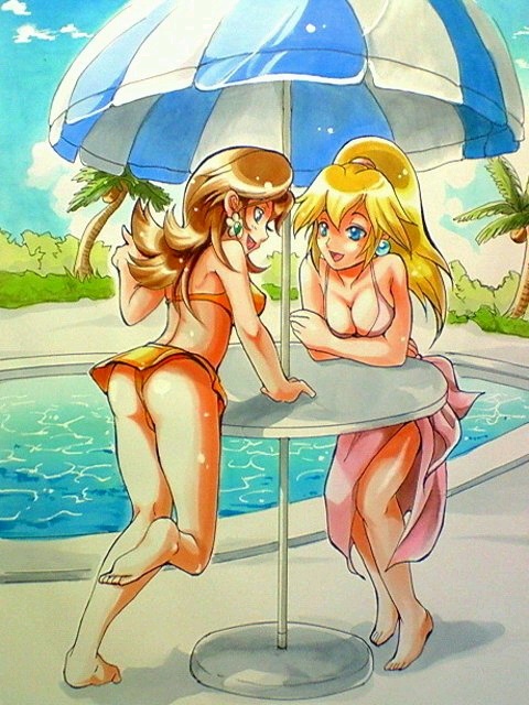 alternate_hairstyle anei ass barefoot bikini blonde_hair blue_eyes breasts brown_hair cleavage earrings female jewelry long_hair marker_(medium) multiple_girls nintendo palm_tree ponytail pool princess_daisy princess_peach sarong siblings sisters super_mario_bros. swimsuit table traditional_media tree umbrella