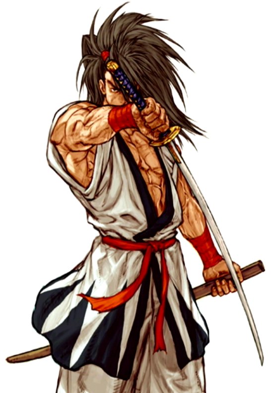 1boy capcom_vs_snk_2 haohmaru haomaru haoumaru japanese_clothes katana long_hair muscle nishimura_kinu official_art ponytail samurai samurai_spirits scabbard sheath snk solo sword weapon