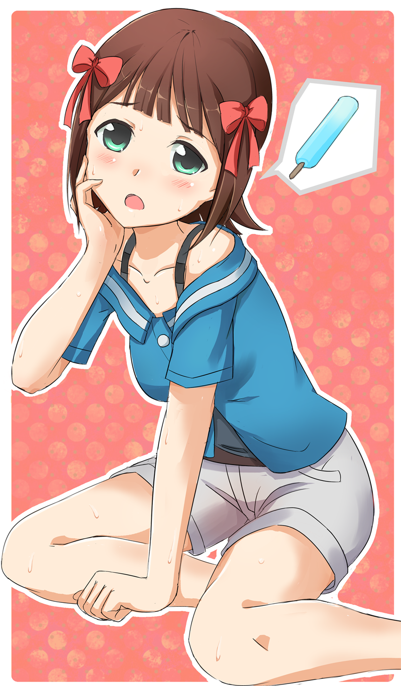 amami_haruka blush brown_hair collarbone green_eyes hair_ornament hair_ribbon hand_on_own_face highres idolmaster nattsu_(pegimin) open_mouth popsicle ribbon shorts sitting solo spoken_food sweat thought_bubble yokozuwari