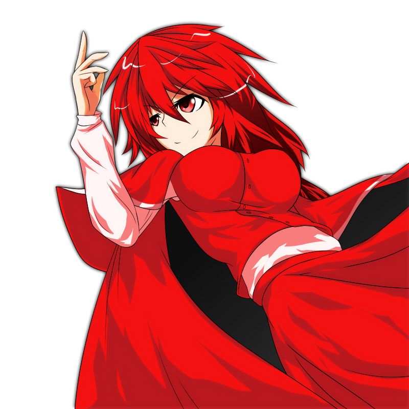 breasts cape impossible_clothes impossible_clothing impossible_shirt kooroo long_hair okazaki_yumemi red_eyes red_hair redhead shirt smirk solo touhou touhou_(pc-98)