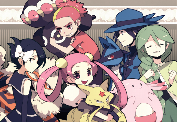 2boys 3girls :d ^_^ arcanine baku_(pokemon) carrying chansey claydol closed_eyes eyes_closed gen_(pokemon) grin holding kadabra lucario mai_(pokemon) miru_(pokemon) momi_(pokemon) multiple_boys multiple_girls open_mouth pokemon pokemon_(creature) pokemon_(game) pokemon_diamond_and_pearl pokemon_dppt smile sweatdrop yoyterra