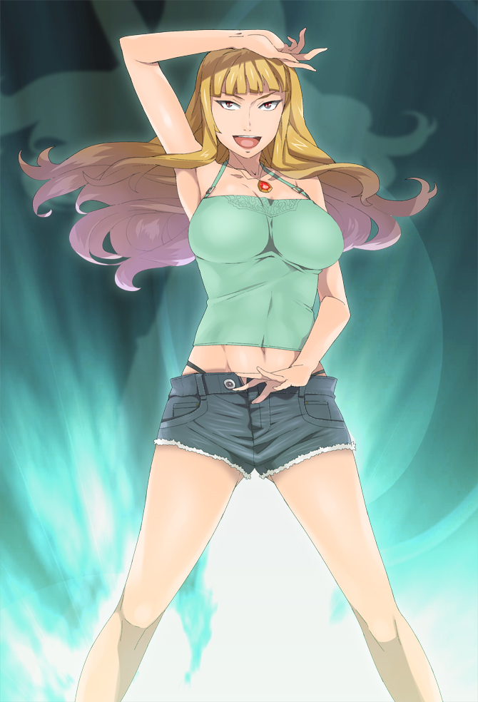 armpits bare_shoulders blonde_hair breasts denim denim_shorts jack_hamster jewelry large_breasts long_hair magical_grim navel necklace open_mouth original red_eyes shadow short_shorts shorts smile solo