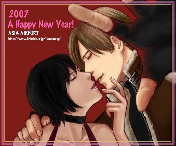 1boy 1girl 2007 ada_wong asia_airport bare_shoulders black_hair blonde_hair bomber_jacket choker closed_eyes couple dress eyes_closed fingerless_gloves gloves hand_on_chin happy_new_year incipient_kiss jacket leon_s_kennedy lips red_dress resident_evil resident_evil_4 short_hair