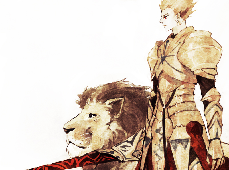 armor bad_id blonde_hair ea_(fate/stay_night) earrings fate/stay_night fate_(series) gilgamesh jewelry lion male red_eyes short_hair solo zmore
