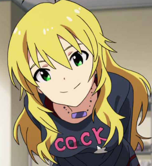 1girl blonde_hair clothes_writing clothing_writing green_eyes hoshii_miki idolmaster jewelry leaning_forward long_hair necklace screencap solo